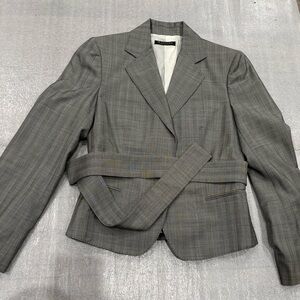 [US2]Marlowe Gray Plaid Wool Rayon Blazer Attached Belt